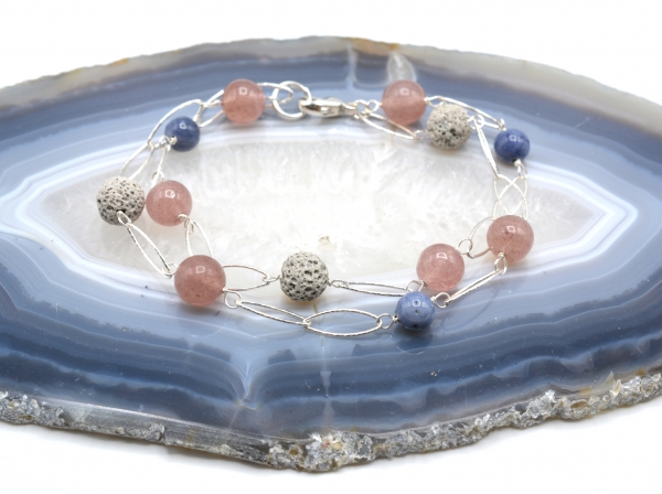 Blue Coral, Lava Stone and Strawberry Quartz Bracelet
